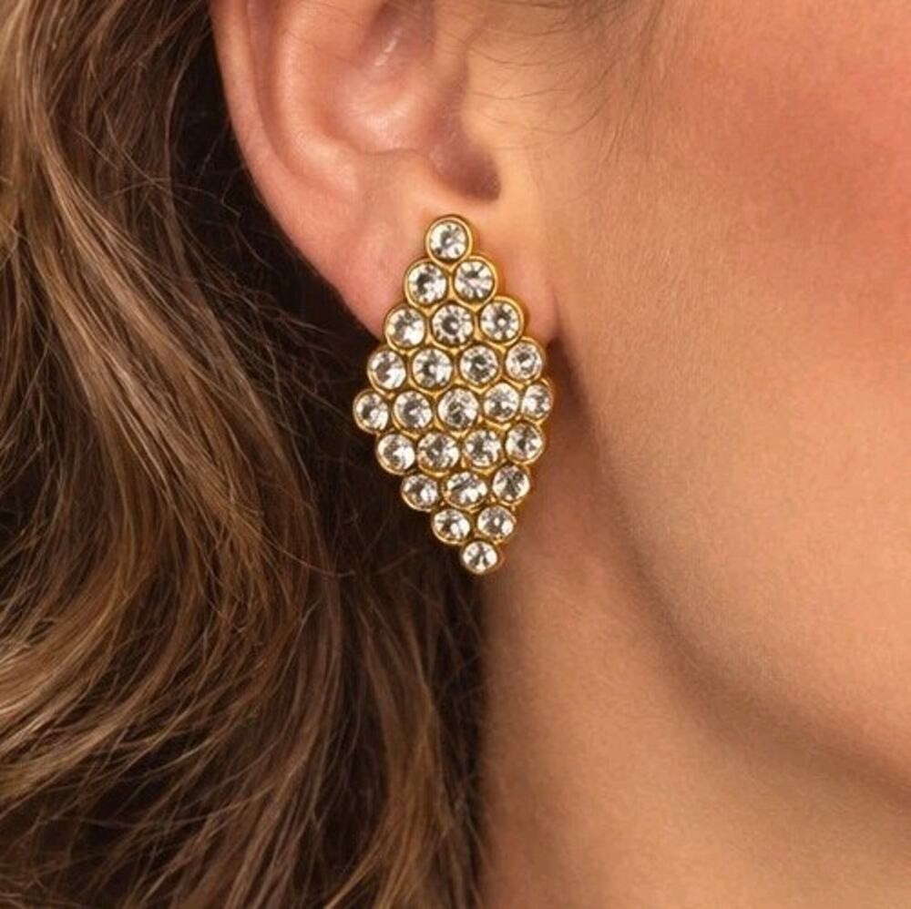 Vtg NOS Rhinestone Clip On Earrings Gold Tone Crystal Cluster 80s 90s Statement
